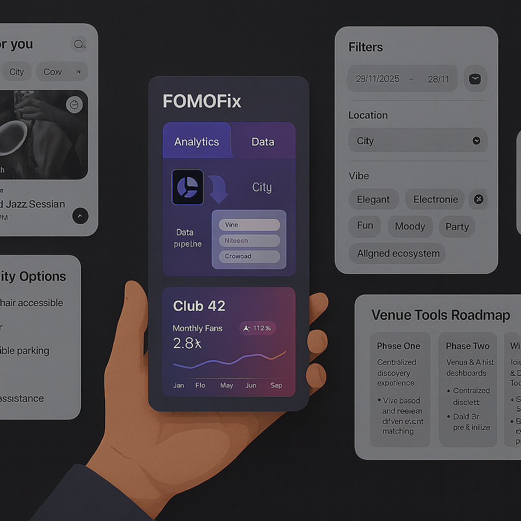 Collection of FOMOFix interface wireframes and concepts